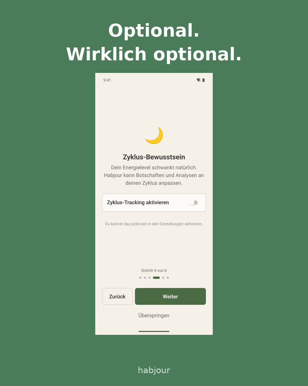 Karte 4 von 8: Screenshot aus der App, Überschrift: Optional. Wirklich optional. Karussell zum Thema Zyklus im Onboarding von Habjour.