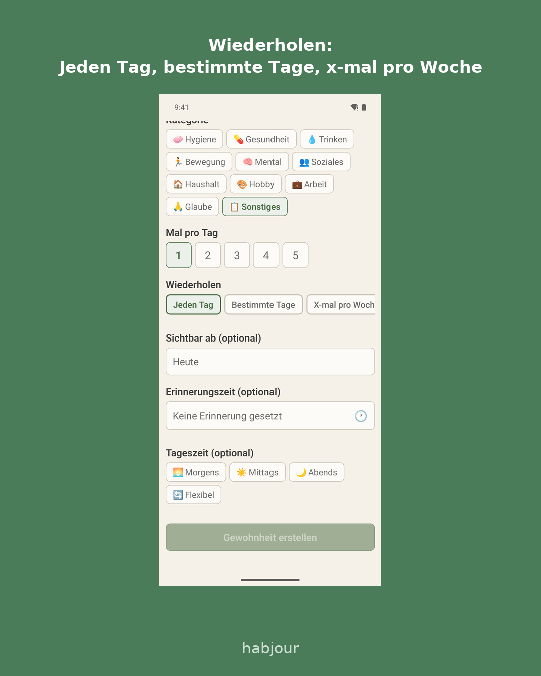 Karte 4 von 6: Screenshot aus der App, Überschrift: Wiederholen: Jeden Tag, bestimmte Tage, x-mal pro Woche. Karussell mit sechs Karten.