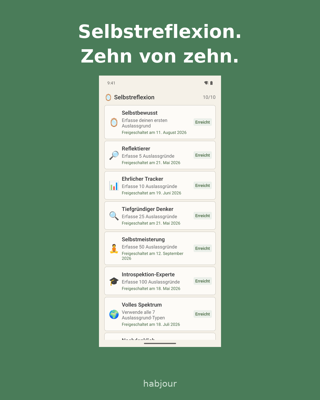 Karte 4 von 6: Screenshot aus der App, Überschrift: Selbstreflexion. Zehn von zehn. Erste Karte: Es gibt in Habjour zehn Erfolge fürs Auslassen.
