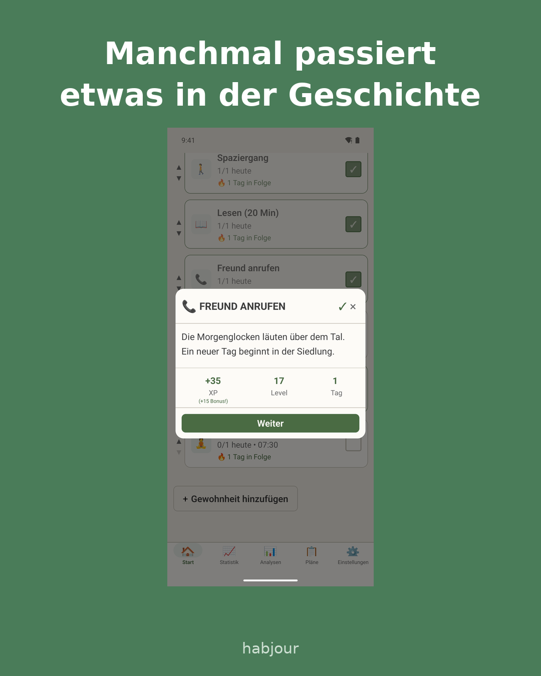 Karte 3 von 4: Screenshot aus der App, Überschrift: Manchmal passiert etwas in der Geschichte. Karussell mit sechs Karten.
