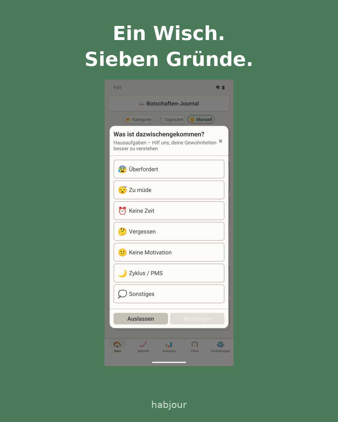 Karte 3 von 5: Screenshot aus der App, Überschrift: Ein Wisch. Sieben Gründe. Karussell mit fünf Karten.