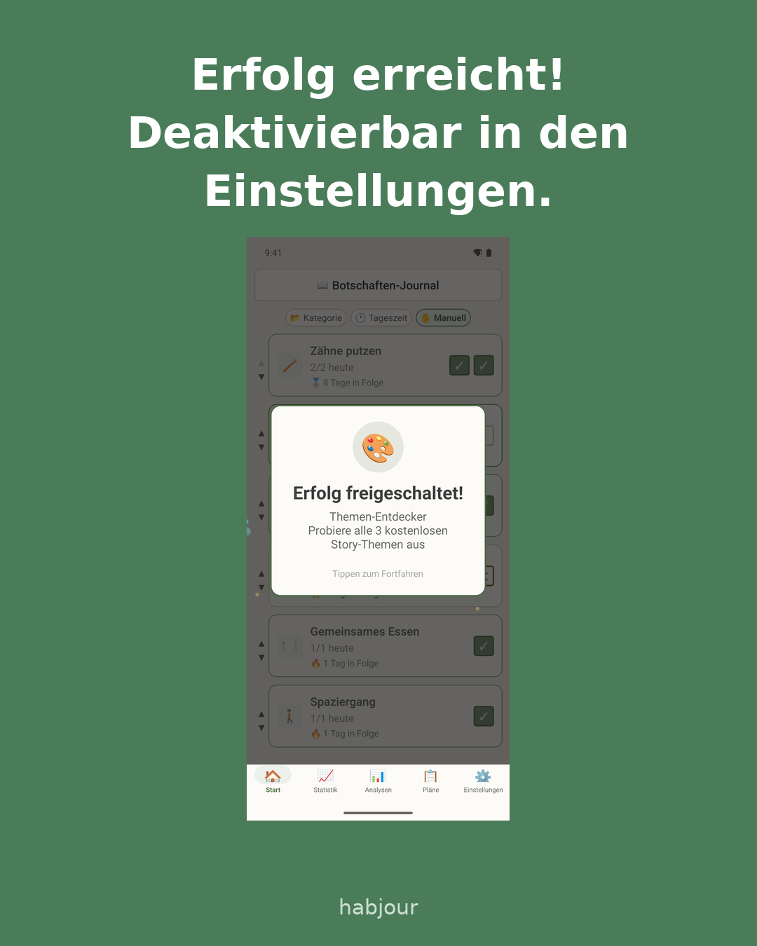 Karte 4 von 5: Screenshot aus der App, Überschrift: Erfolg erreicht! Deaktivierbar in den Einstellungen. Feier-Overlays sind abschaltbar.