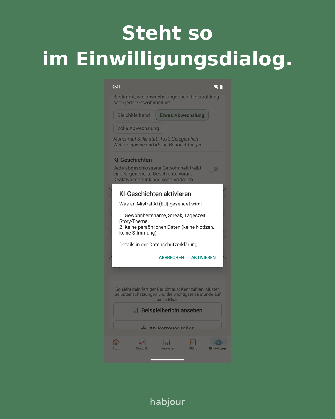 Karte 4 von 4: Screenshot aus der App, Überschrift: Steht so im Einwilligungsdialog. Sechs Karten: 1.