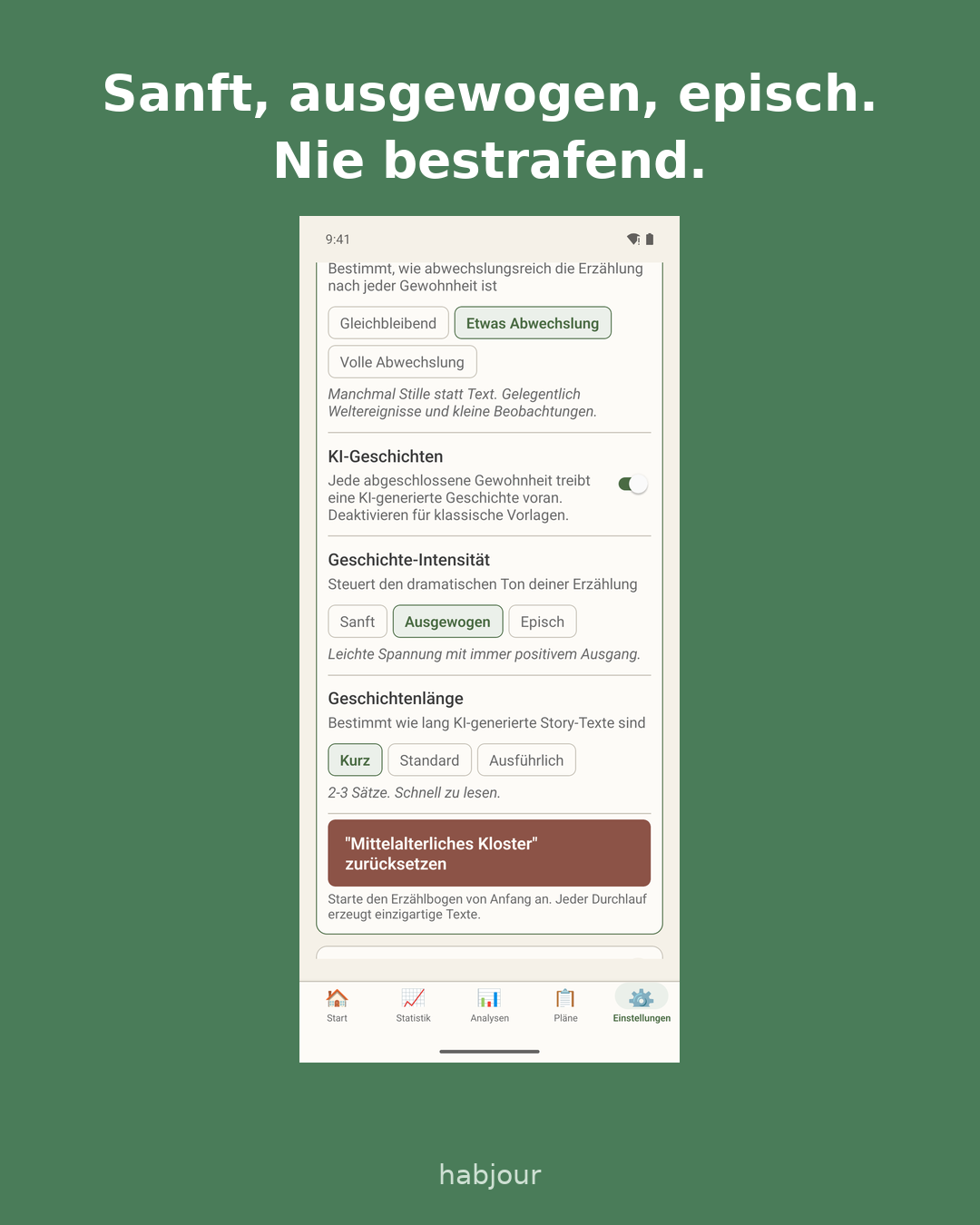 Karte 2 von 3: Screenshot aus der App, Überschrift: Sanft, ausgewogen, episch. Nie bestrafend. Vorlagen als Standard.