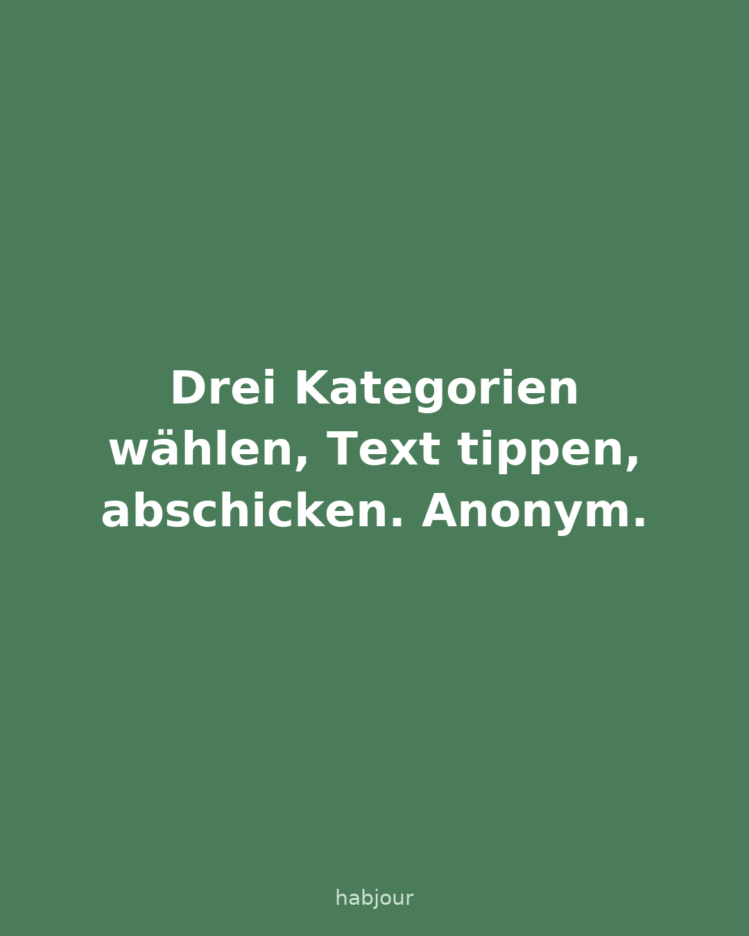 Karte 2 von 6: Drei Kategorien wählen, Text tippen, abschicken. Anonym. Karte 1: Feedback senden und eine Antwort bekommen ohne Konto.