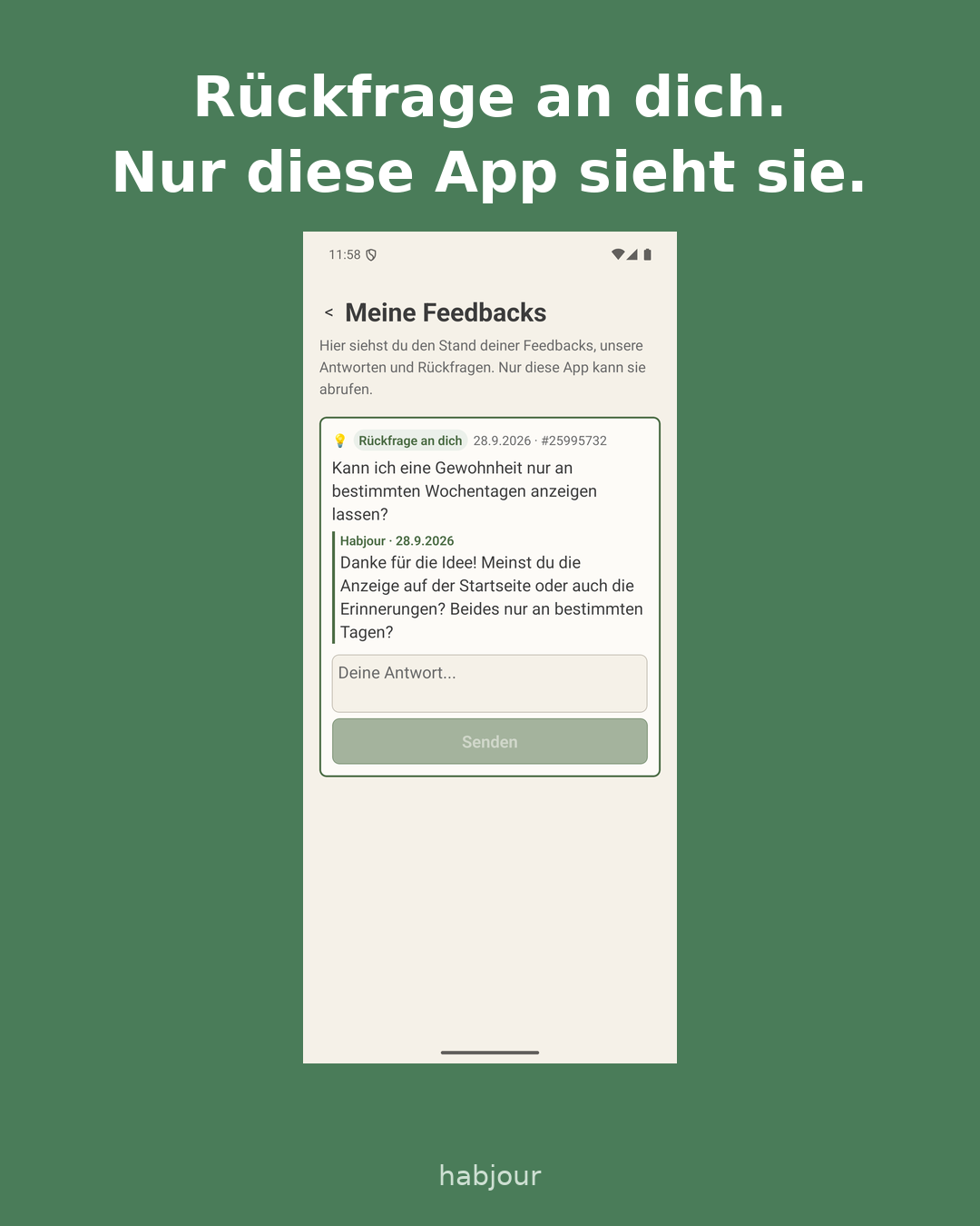 Karte 4 von 6: Screenshot aus der App, Überschrift: Rückfrage an dich. Nur diese App sieht sie. Karte 1: Feedback senden und eine Antwort bekommen ohne Konto.