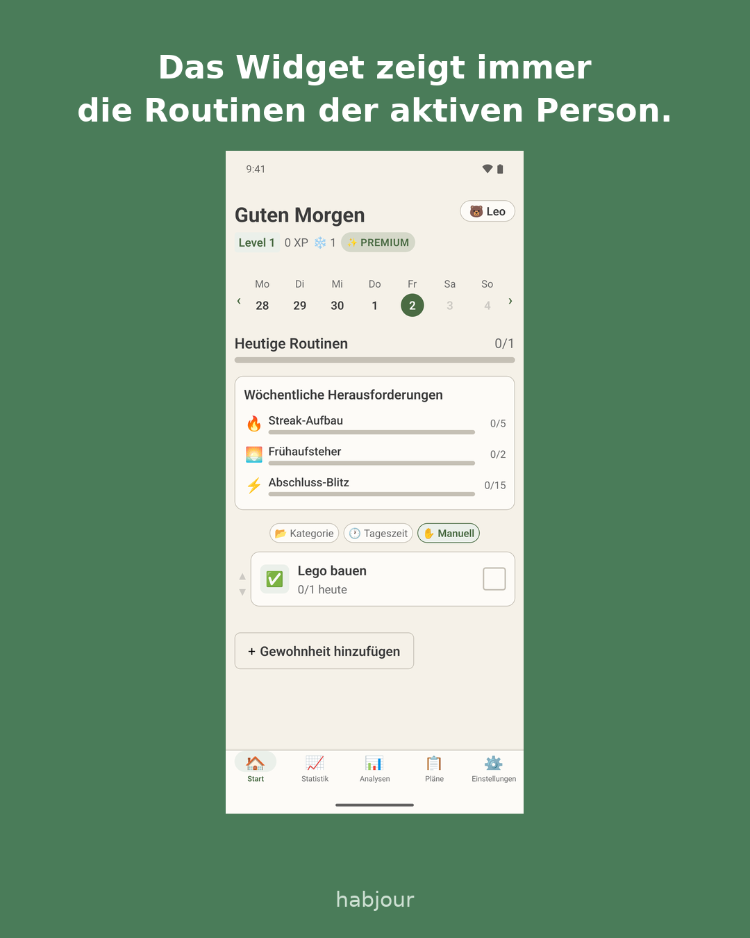 Karte 4 von 7: Screenshot aus der App, Überschrift: Das Widget zeigt immer die Routinen der aktiven Person. Mehrere Personen nutzen Habjour auf einem Handy.