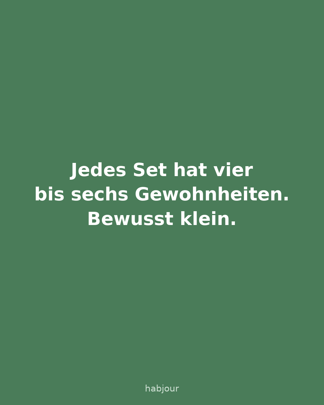 Karte 4 von 6: Jedes Set hat vier bis sechs Gewohnheiten. Bewusst klein. Karten mit der Frage, welches Starter-Set in Habjour noch fehlt, neben Morgen-Start, Abend-Runter und Basics.
