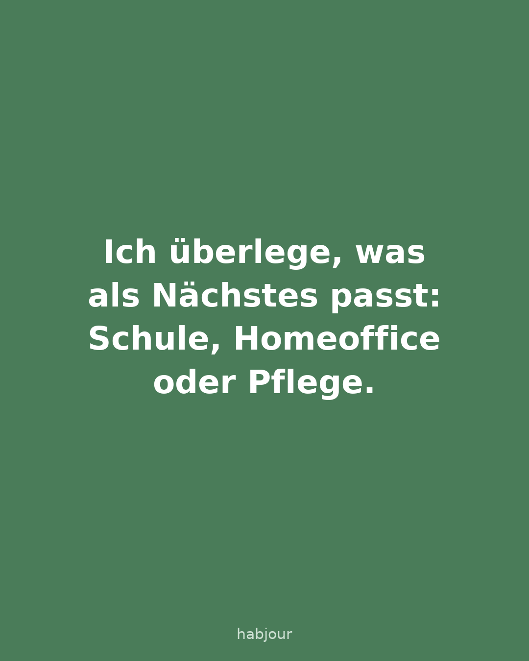 Karte 5 von 6: Ich überlege, was als Nächstes passt: Schule, Homeoffice oder Pflege. Karten mit der Frage, welches Starter-Set in Habjour noch fehlt, neben Morgen-Start, Abend-Runter und Basics.