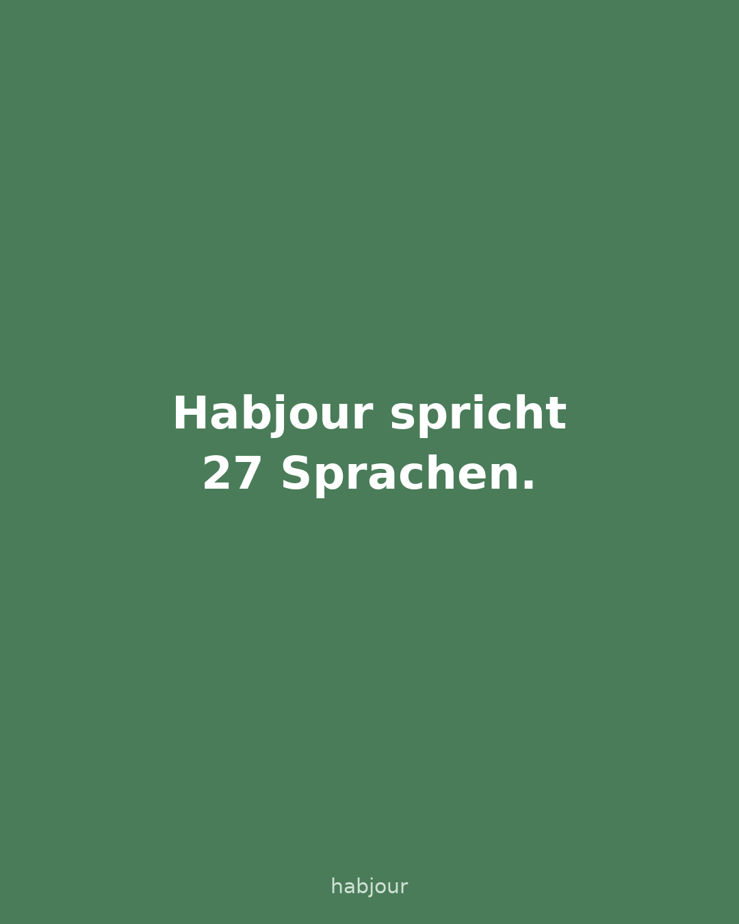 Karte 1 von 7: Habjour spricht 27 Sprachen. Textkarten: Habjour gibt es in 27 Sprachen, die Vorlagen-Geschichten auf Deutsch und Englisch, mit Plus schreibt die KI in den anderen 25 Sprachen.