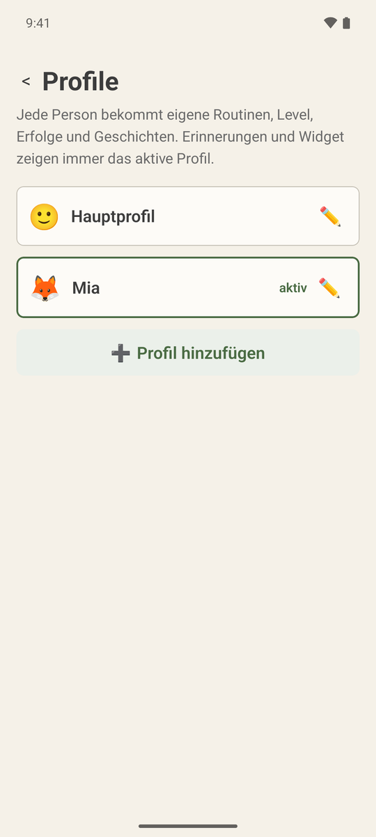 Profilübersicht mit Hauptprofil und Mia