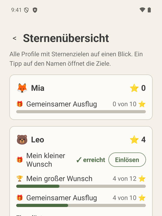Sternenübersicht mit den Zielen von Mia und Leo