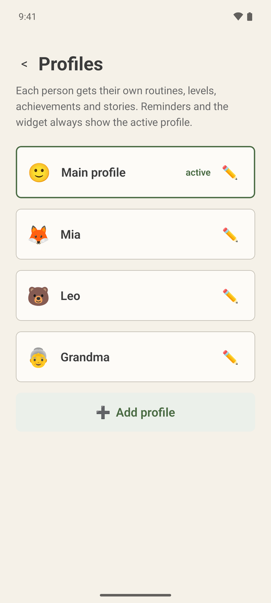 Profile list with main profile, Mia, Leo and Grandma